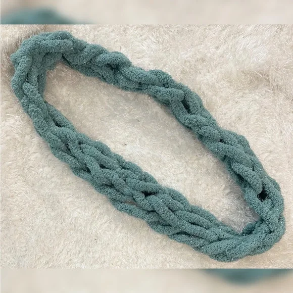 Handmade Hand Crafted Arm Knit Blanket Infinity Scarf Sparkly Aqua Sage - Picture 2 of 2